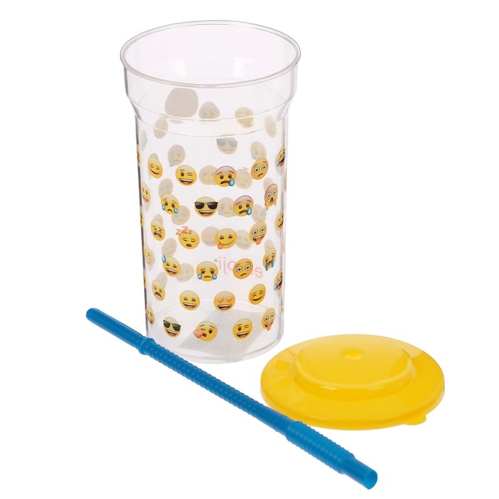 Стакан 460 мл "Эмодзи. Лица" с соломинкой и крышкой, прозрачный