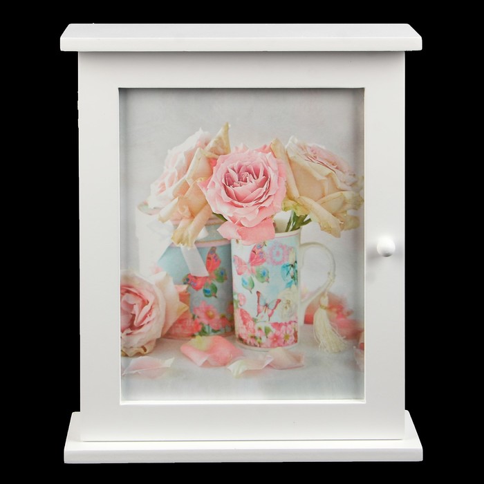 Ключница дерево 6 крючков "Розы в кружках" белая 28х22х6,5 см