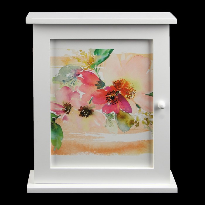 Ключница дерево 6 крючков "Букет цветов. Акварель" белая 28х22х6,5 см