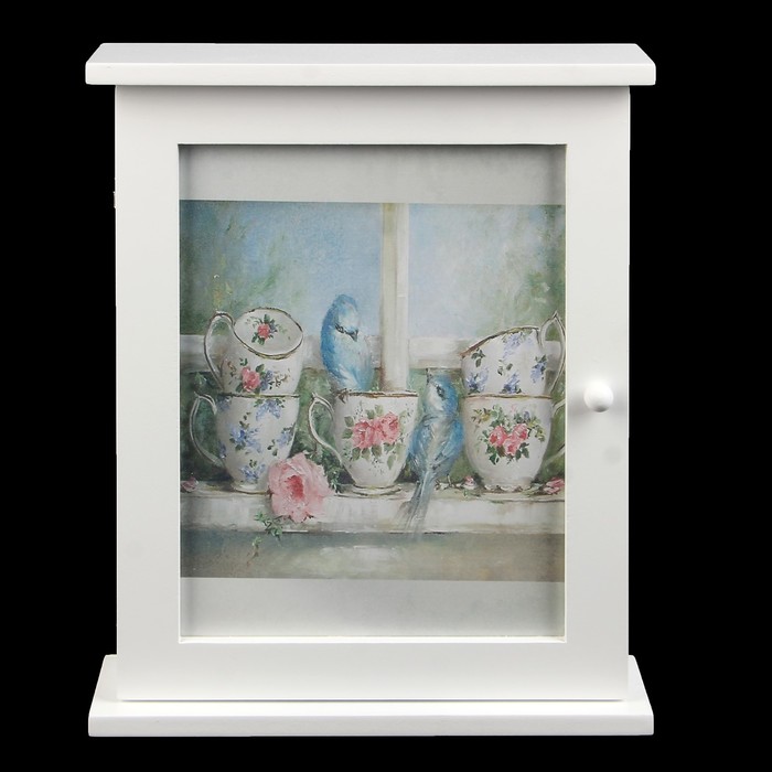 Ключница дерево 6 крючков "Цветочный сервиз с птицами" белая 28х22х6,5 см