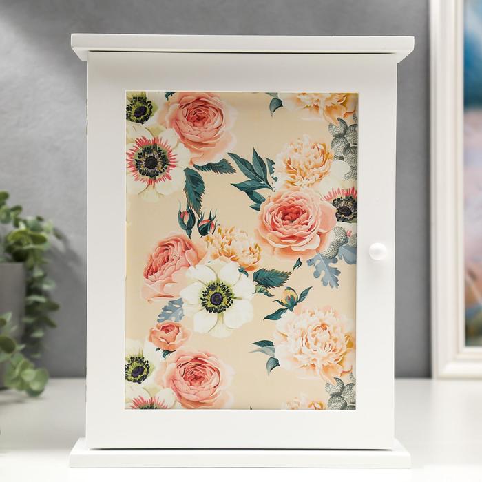 Ключница дерево 6 крючков "Цветочная феерия" белая 28х22х6,5 см