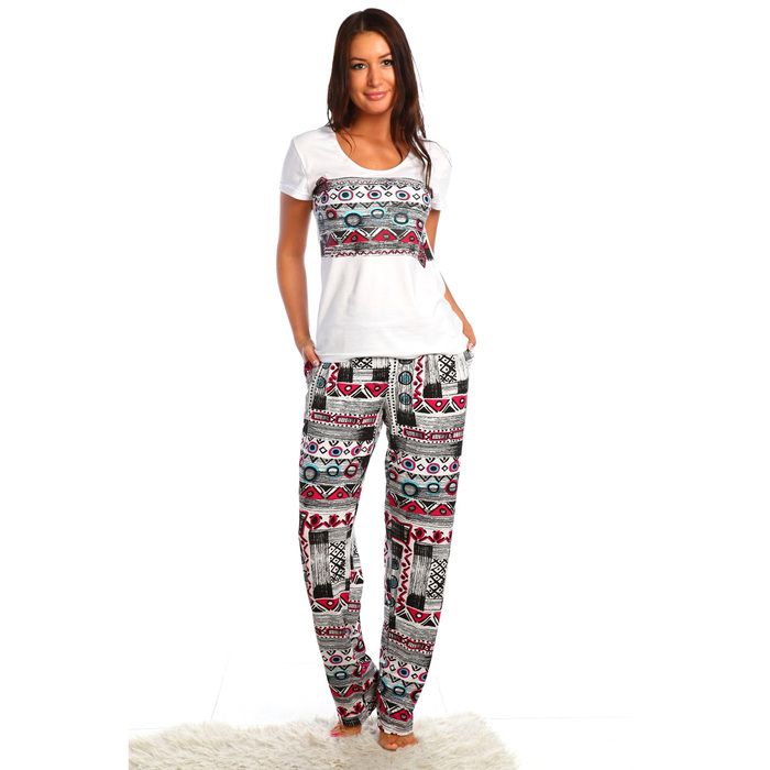 Комплект женский (футболка, брюки) Абстракция цвет белый, р-р 48