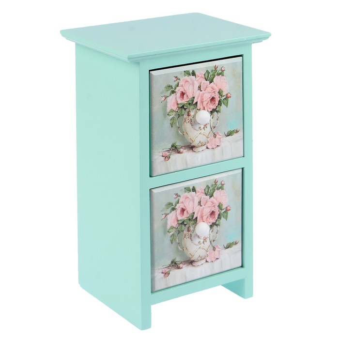 Шкатулка дерево 2 ящика "Розовые розы в вазе" бирюзовая 24х11,5х14 см