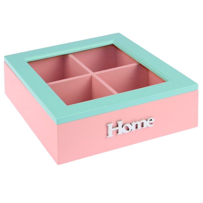 Шкатулка дерево с отделениями "Дом" бирюзово-розовая 6,8х18х18 см