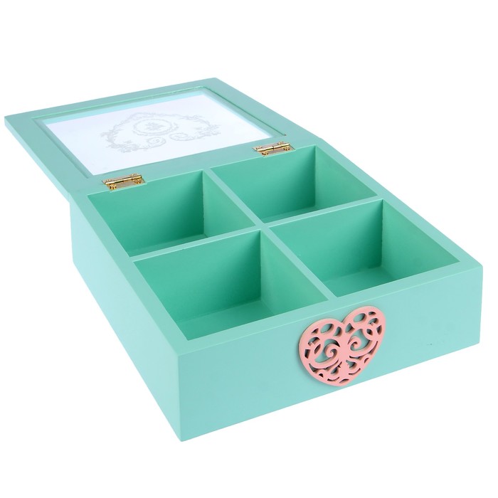 Шкатулка дерево с отделениями "Резное сердце" бирюзовая 6,8х18х18 см