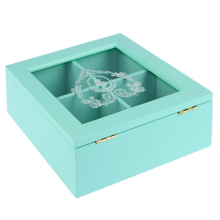 Шкатулка дерево с отделениями "Резное сердце" бирюзовая 6,8х18х18 см