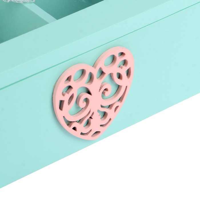 Шкатулка дерево с отделениями "Резное сердце" бирюзовая 6,8х18х18 см