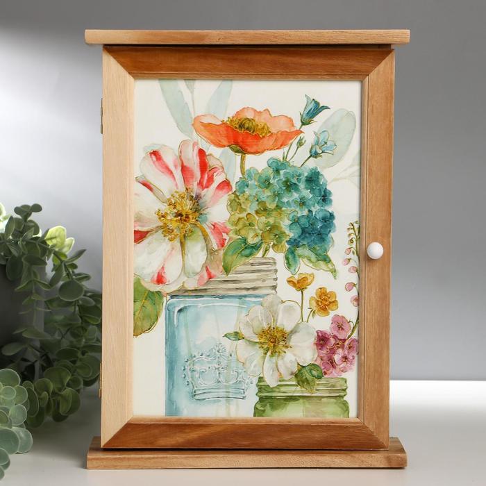 Ключница дерево 6 крючков "Цветы акварелью" 30х22х8 см