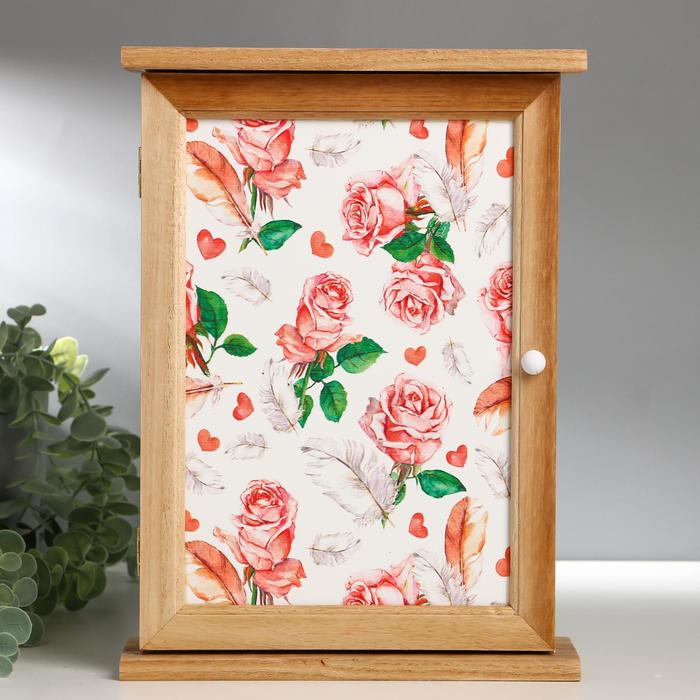 Ключница дерево 6 крючков "Розы и перья" 30х22х8 см