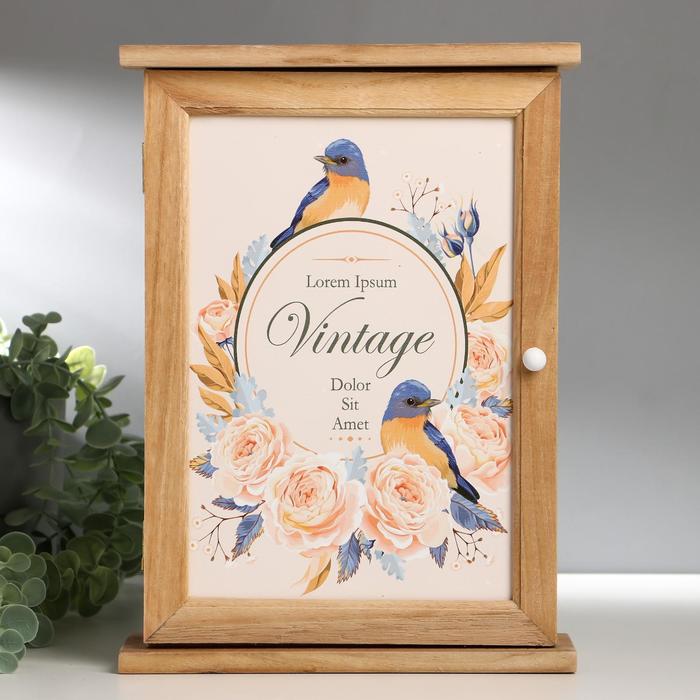 Ключница дерево 6 крючков "Птицы в розовых пионах" 30х22х8 см