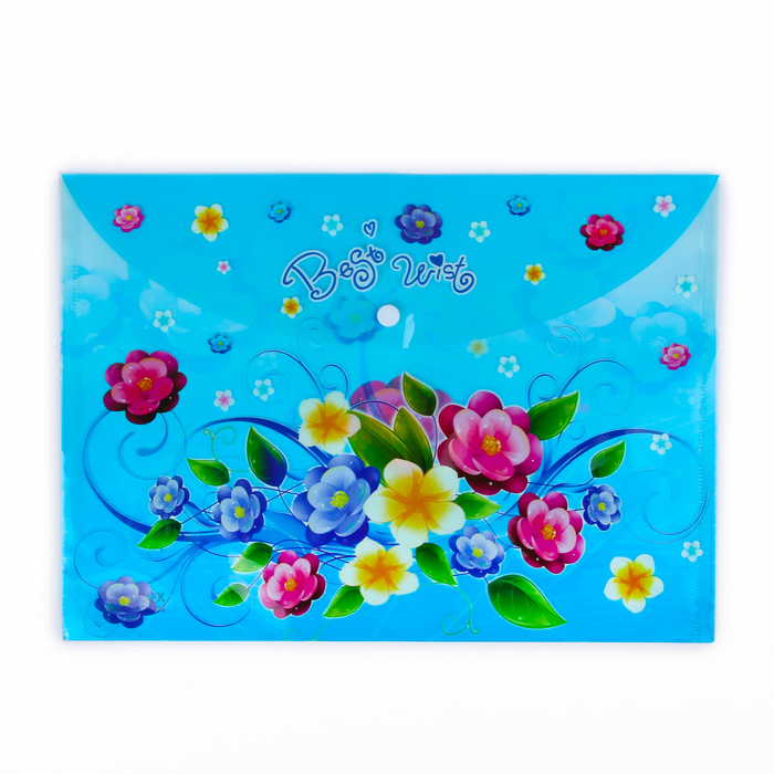 Папка-конверт на кнопке, формат А4, 100 мкр, МИКС Цветы