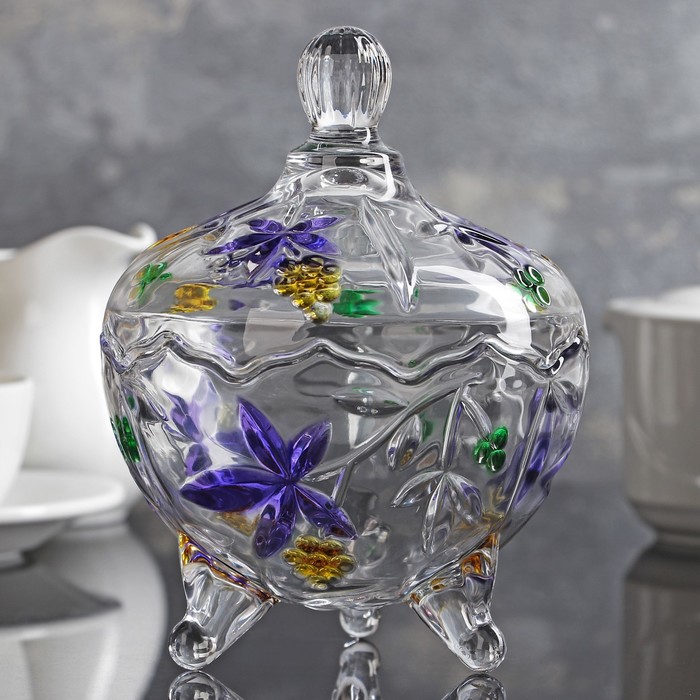 Конфетница 600 мл "Сиреневые цветы", круглая, на ножках