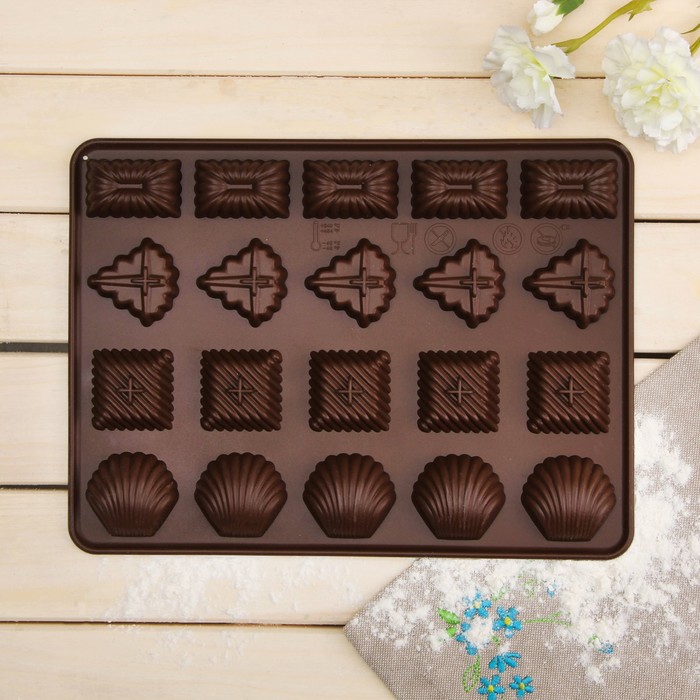 Форма для льда и шоколада, 20 ячеек, 28,5х21х1,5 см "Коробка конфет", шоколадная