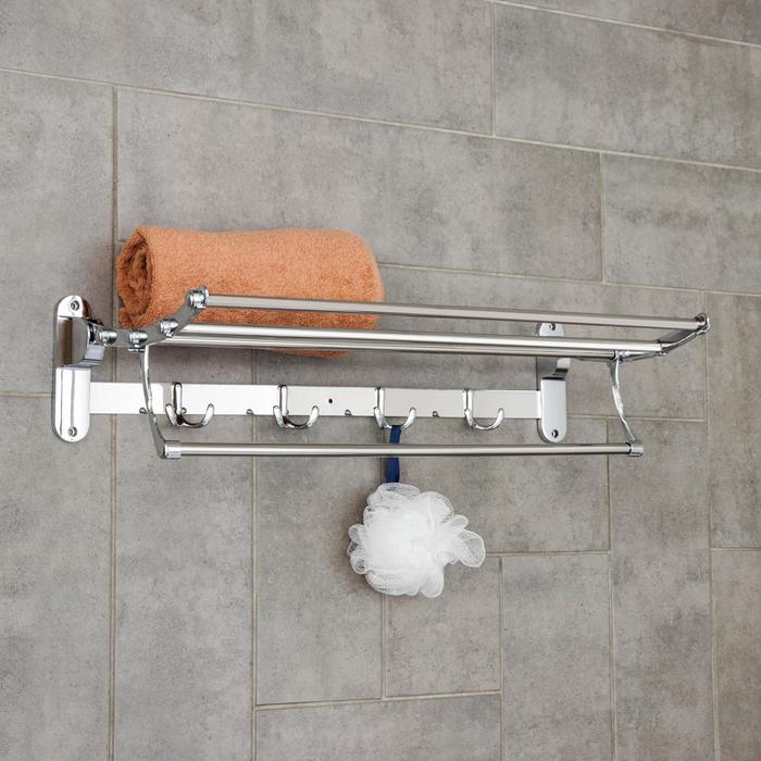 Полка откидная с держателем полотенец, 4 двойных крючка, цвет хром