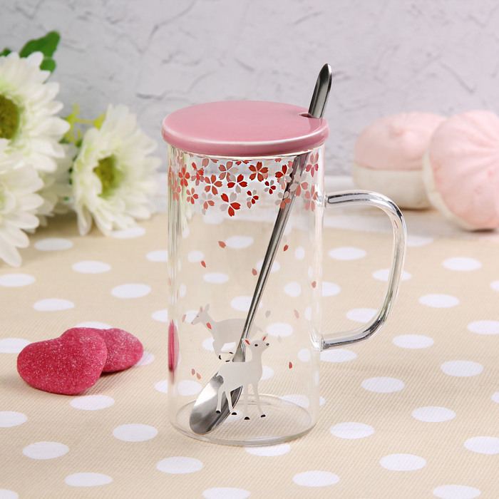 Кружка с керамической крышкой и ложкой 350 мл "Осень", цвета МИКС