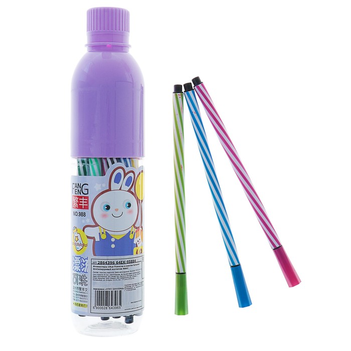 Фломастеры 18цв Полоски в пластик бутылке вентилируемый колпачок МИКС