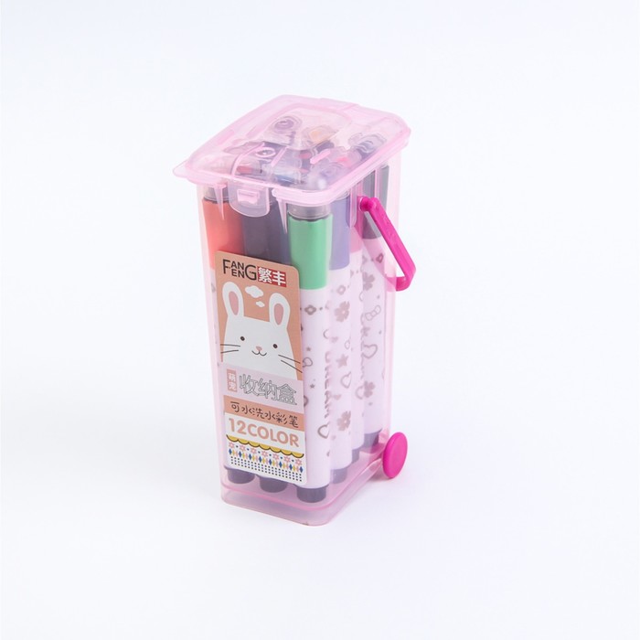 Фломастеры 12цв Полоски в пластиковом контейнере вентилируемый колпачок с штампами МИКС