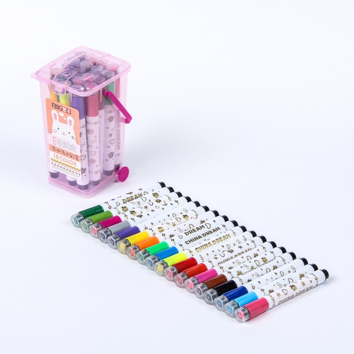 Фломастеры 18цв Полоски в пластиковом контейнере вентилируемый колпачок с штампами МИКС