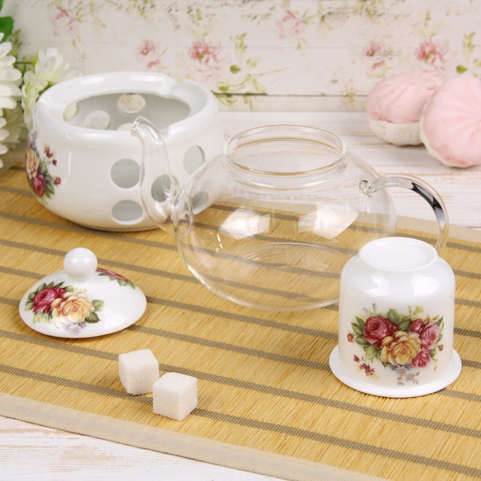 Чайник заварочный 800 мл "Букет", с керамическим ситом и подставкой для подогрева