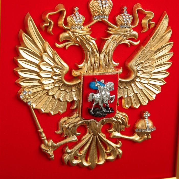Гербовое панно РФ 26х28 см, рамка красное орех, кристаллы Сваровски стандарт