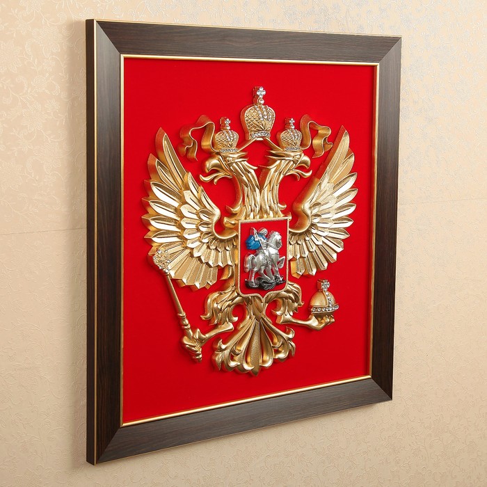 Гербовое панно РФ 40х42 см, рамка орех, кристаллы Сваровски стандарт