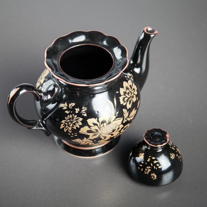 фото Чайный сервиз "ромашка", чёрный, золотая ветка, чайник 0,7 л, 6 чашек 0,2 л керамика ручной работы