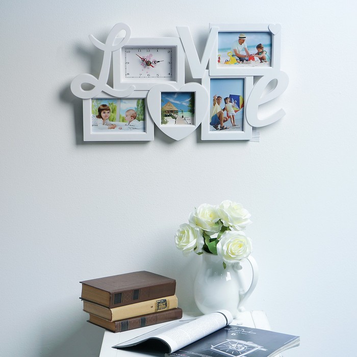 Часы настенные хайтек+4 фоторамки LOVE (фото 10х15-3шт сердце 9х10-1шт) 57*31см микс