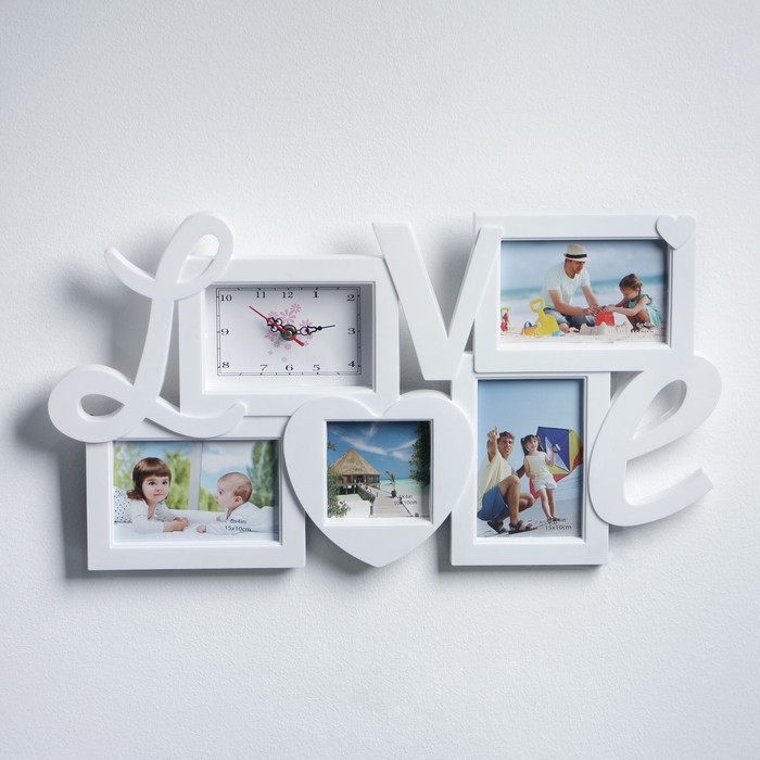 Часы настенные хайтек+4 фоторамки LOVE (фото 10х15-3шт сердце 9х10-1шт) 57*31см микс