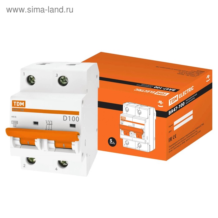 Выключатель автоматический TDM ВА47-100 2Р 100 А 10 кА характеристика D SQ0207-0022 1069₽