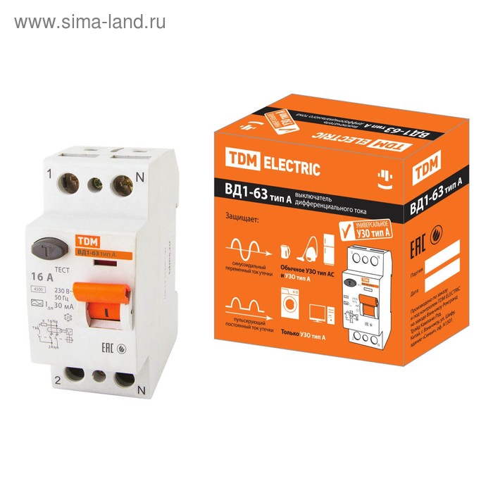 УЗО TDM ВД1-63 2Р 16 А 30 мА тип А SQ0203-0074 1218₽