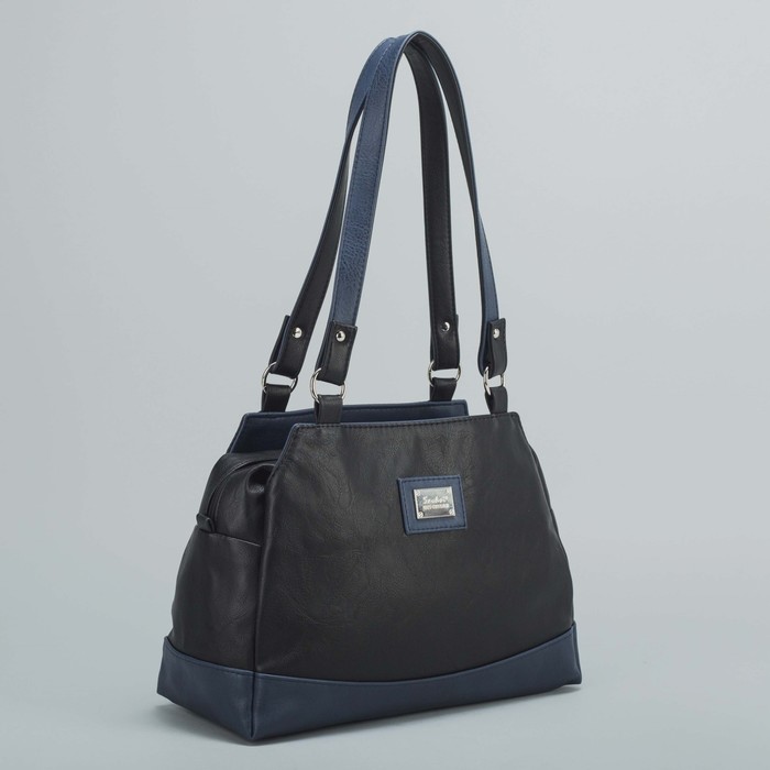 Сумка женская, 3 отдела на молнии, наружный карман, цвет чёрный/синий