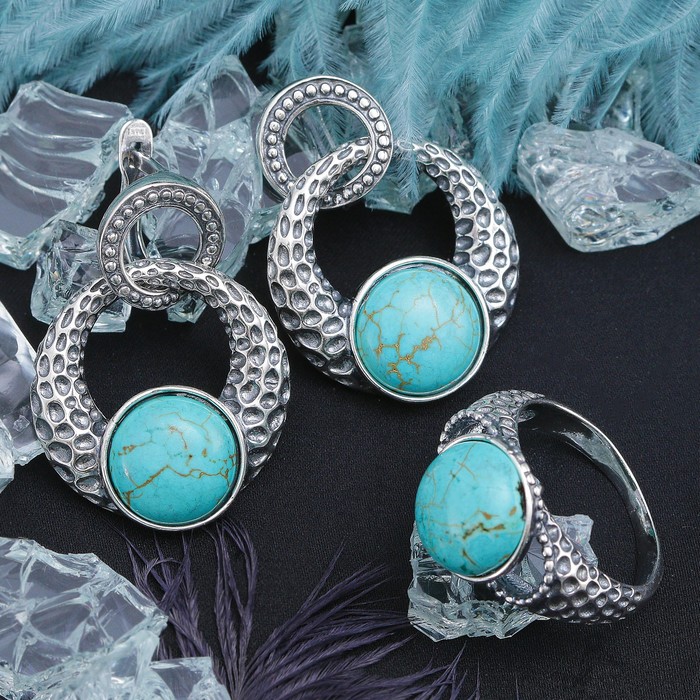 Гарнитур посеребрение 2 пр: серьги, кольцо, ажур "Бирюза старая", 18 р-р