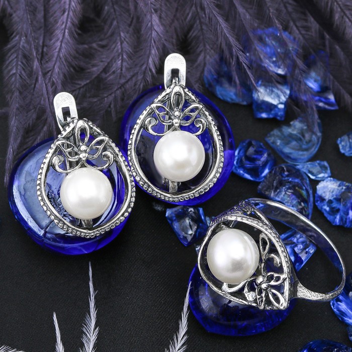 Гарнитур посеребрение 2 предмета: серьги, кольцо "Жемчуг" в капле, 18 р-р