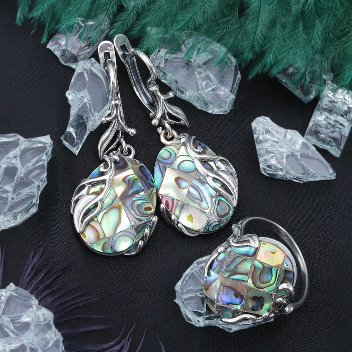 Гарнитур посеребрение 2 предмета: серьги, кольцо, овал "Галиотис", 19 р-р