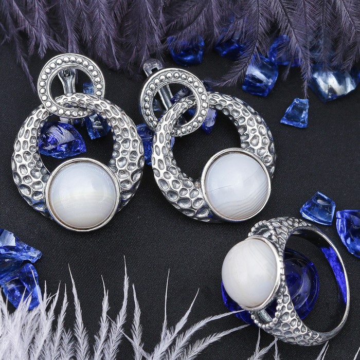 Гарнитур посеребрение 2 предмета: серьги, кольцо, ажур "Агат бразильский", 17 р-р