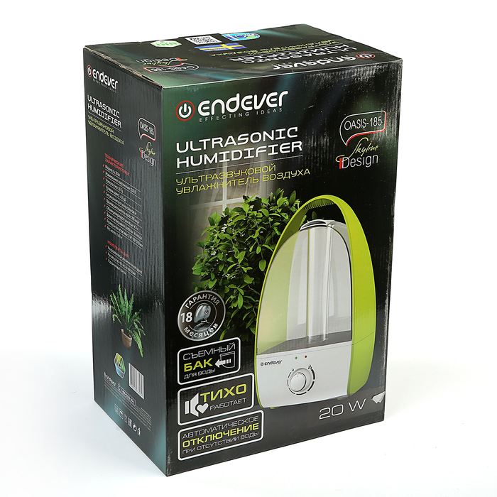 Увлажнитель воздуха Endever Oasis 185, ультразвуковой, 20 Вт, 4.5 л, ароматизация, зеленый
