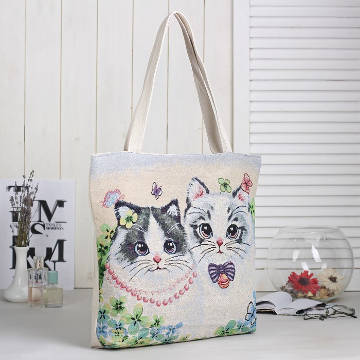 Сумка текстильная "Котятки", отдел на молнии, подклад, цвет бежевый