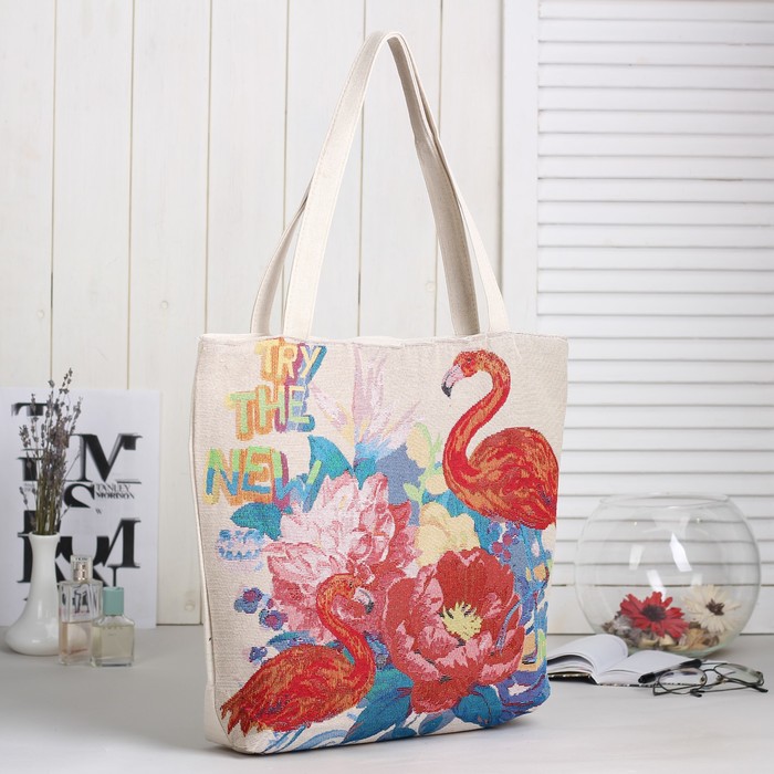 Сумка текстильная Фламинго, 36*10*40, отд на молнии, подклад, бежевый