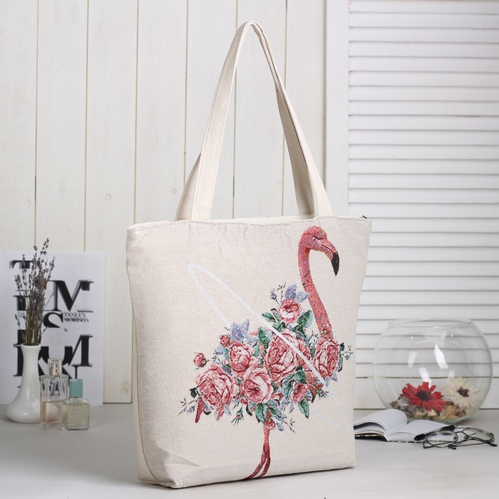 Сумка текстильная Цветы, 36*10*40, отд на молнии, подклад, бежевый