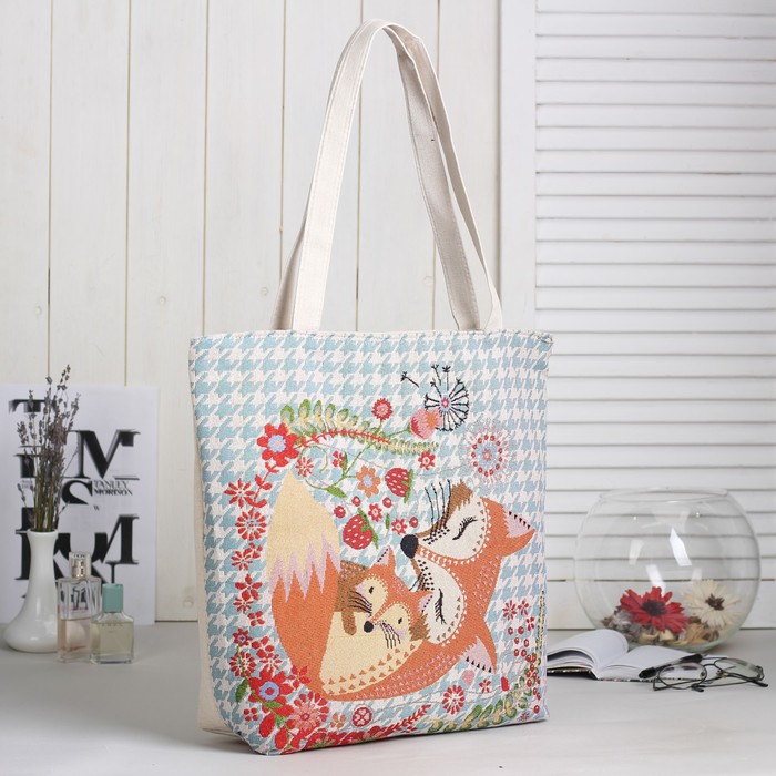 Сумка текстильная "Лисичка", отдел на молнии, подклад, цвет бежевый