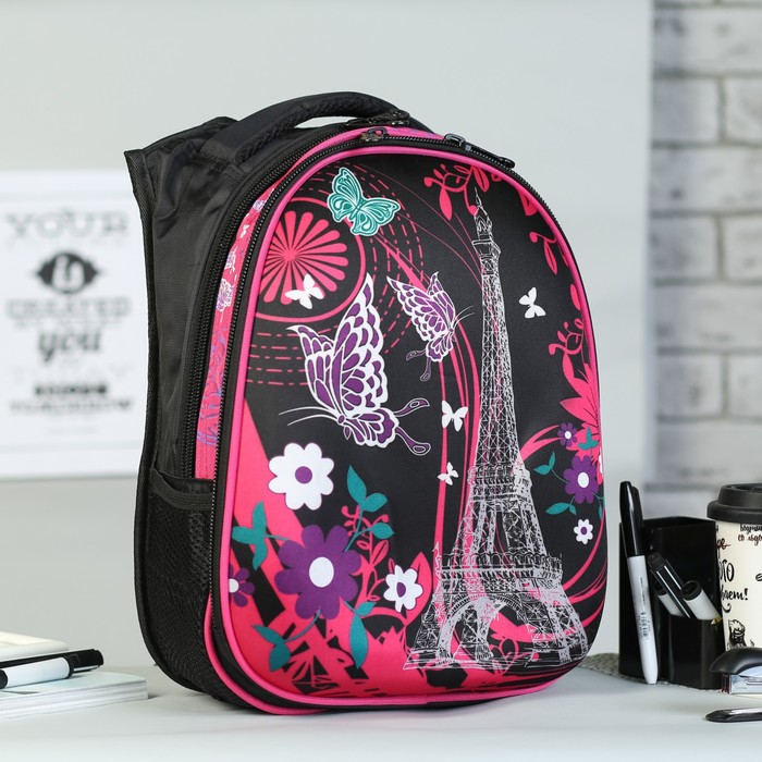 Рюкзак школ Города, 28*16*38, отд на молнии, н/кармана, 2 бок сетки, усил спинка, черный/розовый 2