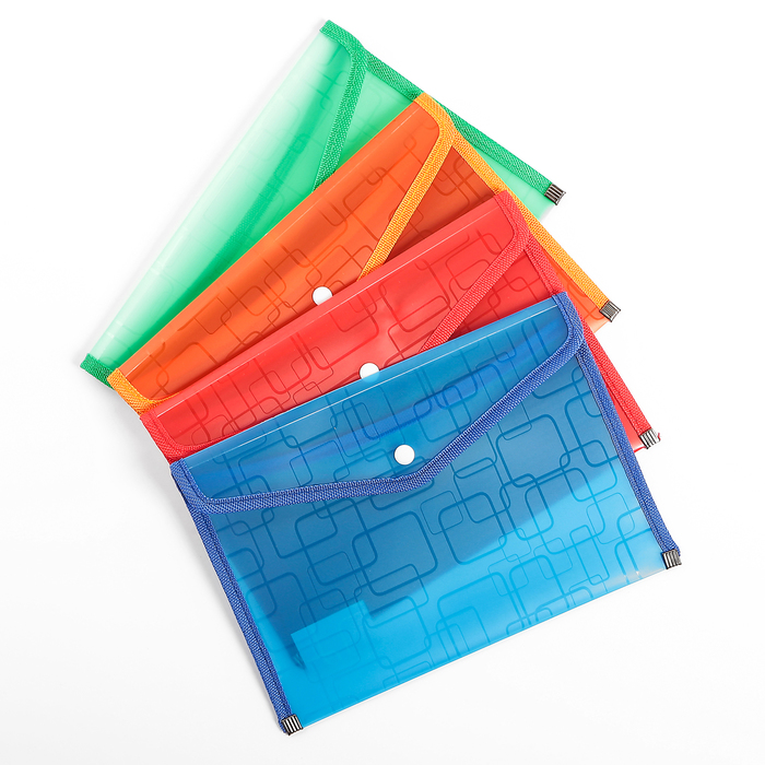 Папка-конверт на кнопке формат В5 330мкр жесткая с кантом тонированная квадраты МИКС