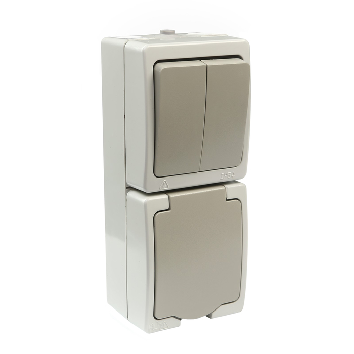 Блок комбинированный (вертикальный) выключатель 2-кл. + розетка 2П+З с з/ш БКВР IP54 "Вуокса   31709