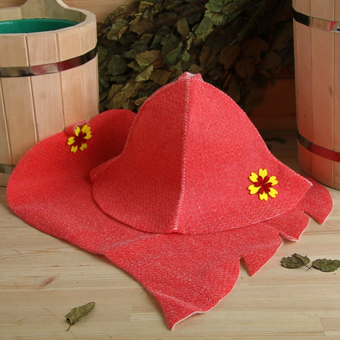 Набор банный женский (шляпа "Колокольчик", коврик "Лист"), красный