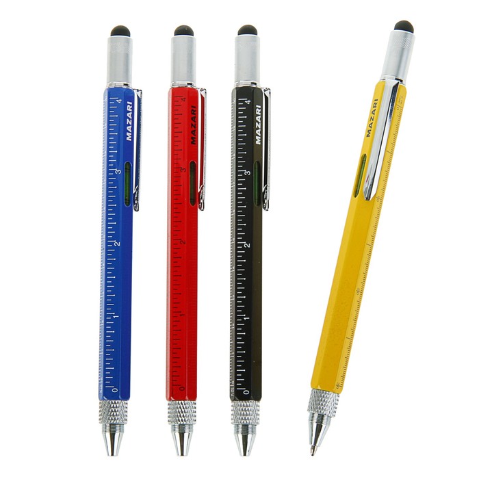 Ручка шариковая автоматическая MASTER, узел 1.0мм, чернила синие, шестигранный металлический корпус, линейка, микс