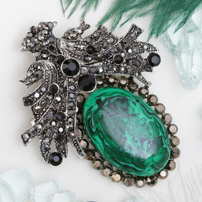 Брошь-подвеска "Малахит" царица, в чернёном серебре