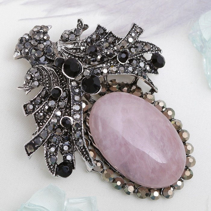 Брошь-подвеска "Розовый кварц" царица, в чернёном серебре