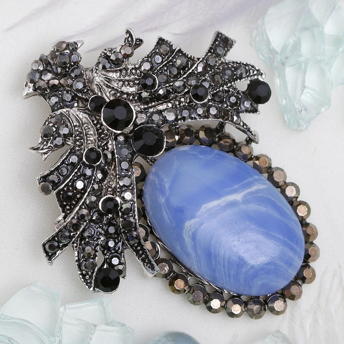 Брошь-подвеска "Агат голубой" царица, в чернёном серебре