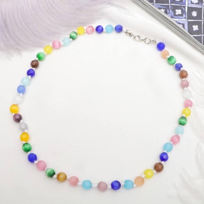 Бусы "Кошачий глаз" шар №8 гранёный через узел, цветной,45м