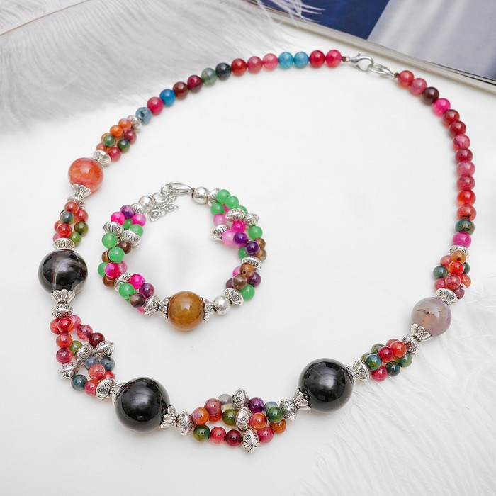 Набор 2 предмета: колье, браслет "Агат разноцветный"